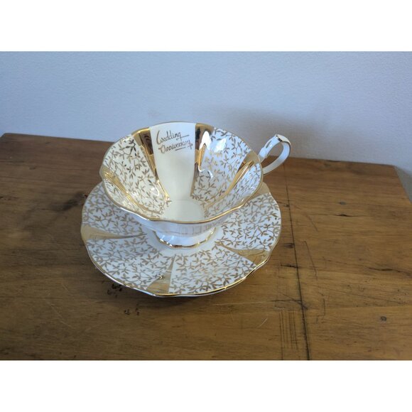Queen Anne Tea Cup Saucer Wedding Anniversary Design Gold Trim England Vintage - Picture 11 of 16